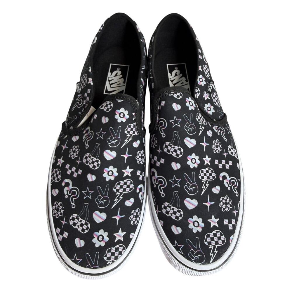 Retro Vans Classic Slip-On black Doodle Iridiscent pink blue Skate Shoes 9.5 NWT